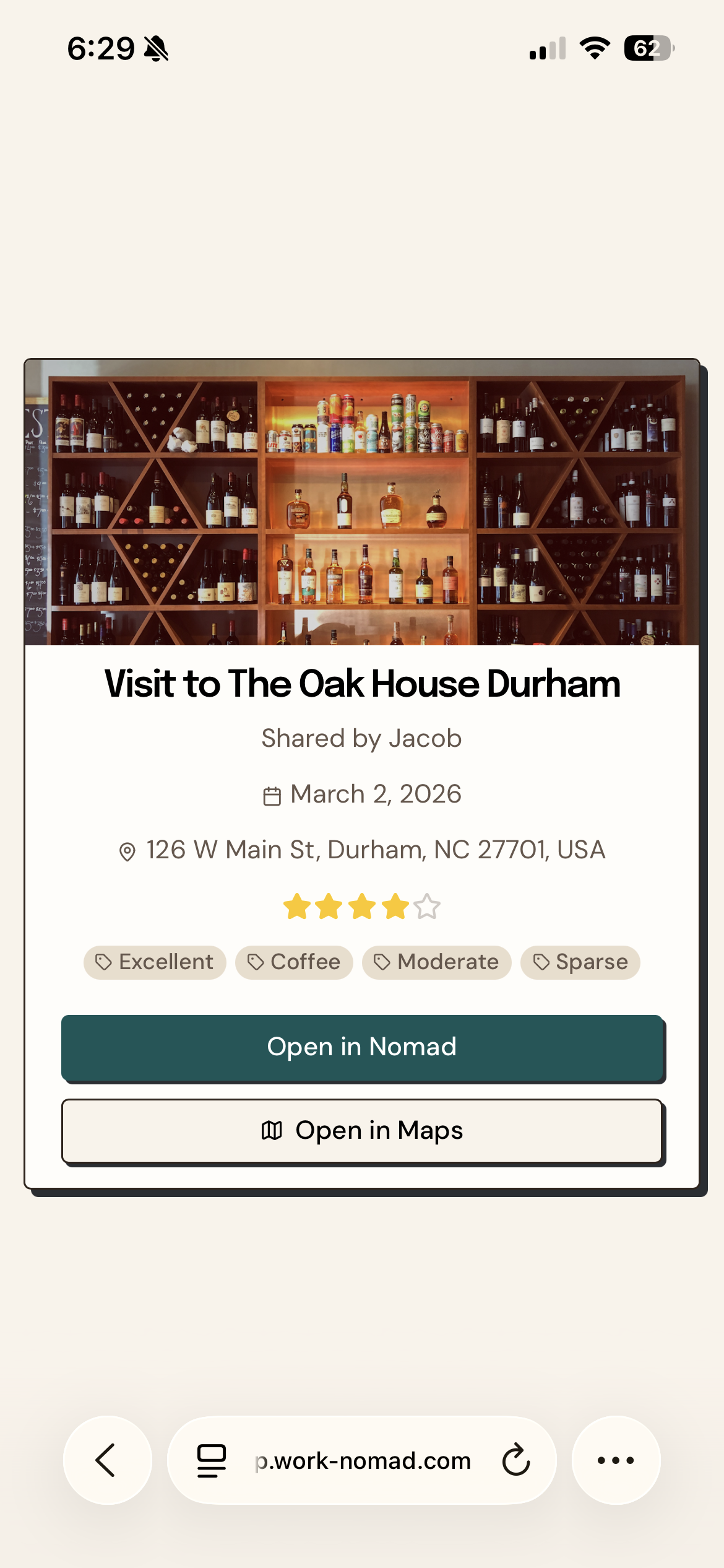Web share landing page with place preview and Open in Nomad button